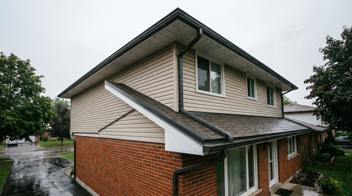 Ontario home exterior showing gutters, siding, soffit, fascia, and flashing